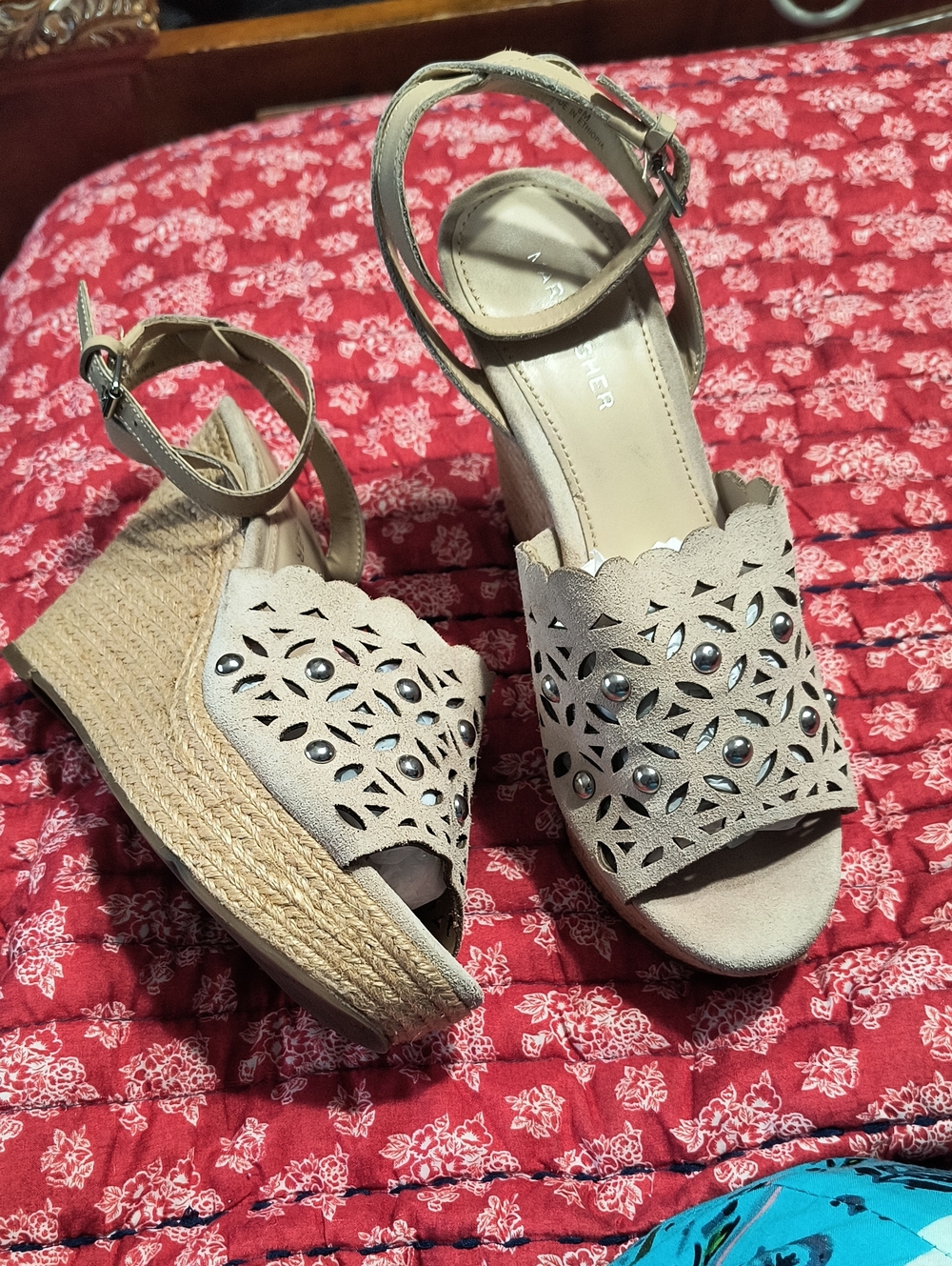 Marc Fisher Beige Laser-Cut Studded Espadrille Wedges